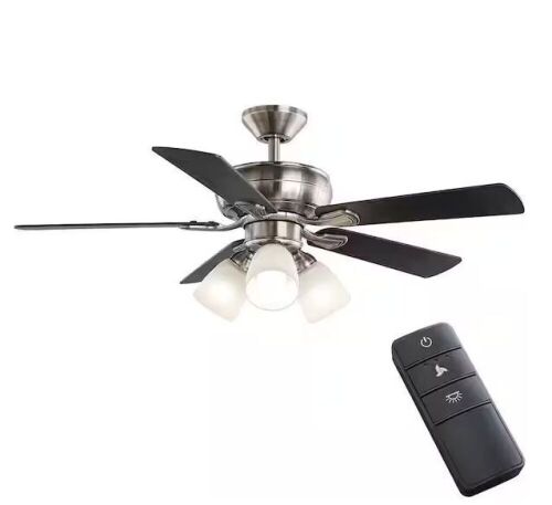 Hampton Bay Riley 44 in. Indoor LED Brushed Nickel Ceiling Fan with Light Kit, 5 QuickInstall Reversible Blades and Remote Control - Lot 599