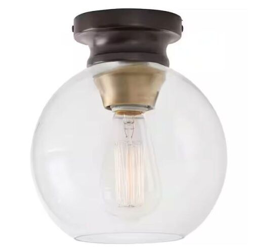 Home Decorators Collection Evelyn 8 in. 1-Light Modern Industrial Bronze Flush Mount Ceiling Light with Clear Glass Shade - Lot 780