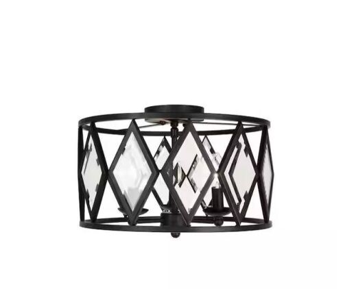 Home Decorators Collection Tessali 16 in. 3-Light Bronze Prismatic Glass Flush Mount Ceiling Light - Lot 783