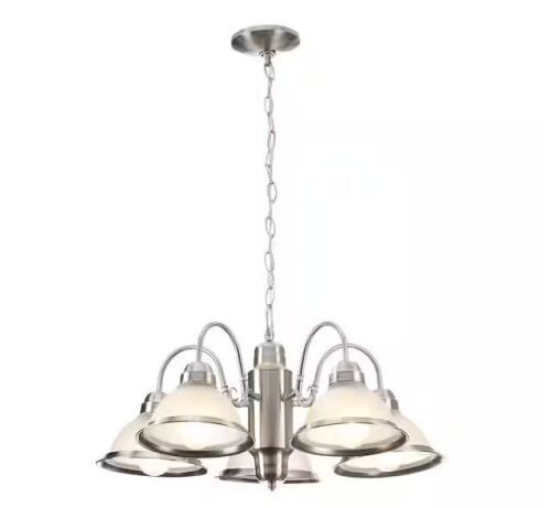 Hampton Bay Halophane 5-Light Brushed Nickel Chandelier with Frosted Ribbed Glass Shades - Lot 784