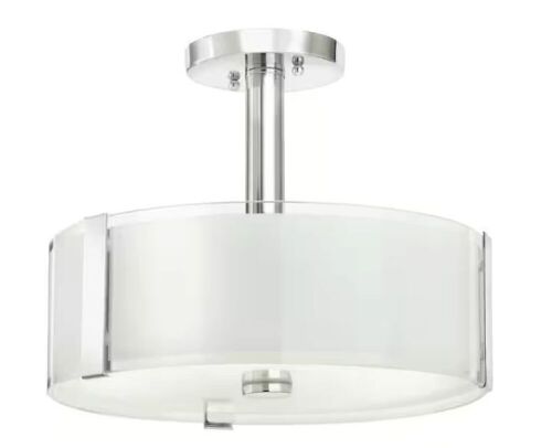 Hampton Bay Bourland 14 in. 3-Light Polished Chrome Semi-Flush Mount Ceiling Light Fixture with White and Clear Glass Double Shade - Lot 355