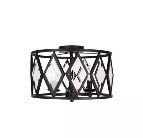 Home Decorators Collection Tessali 16 in. 3-Light Bronze Prismatic Glass Flush Mount Ceiling Light - Lot 568