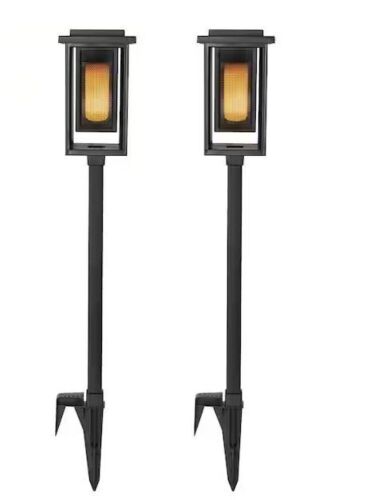 Hampton Bay Ambrose Solar 6 Lumens Matte Black Integrated LED Modern Flicker Flame Torch Path Light, 2-Pack - Lot 363