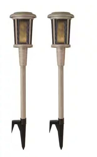 Lot of (2) 2 Pack Hampton Bay Ambrose Solar 6 Lumens Natural Oak Integrated LED Flicker Flame Torch Path Light with Adjustable Height - Lot 466