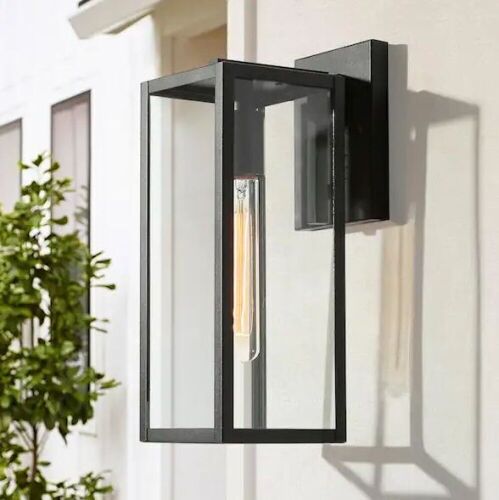 LNC Rustic Matte Black Outdoor Wall Sconce 1-Light Classic Cage Wall Lantern for Patio with Clear Glass Shade - Lot 753