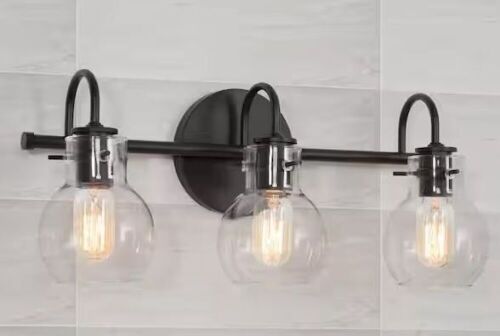 LNC Modern Industrial 22 in. 3-Light Black Bathroom Vanity Light Wall Sconce with Clear Globe Glass Shades - Lot 755