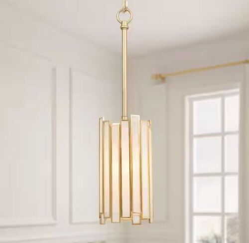 LNC Modern Gold 1-Light Drum Pendant Light with Stained Glass Shade Cylinder Geometric Island Foyer Hanging Light - Lot 756