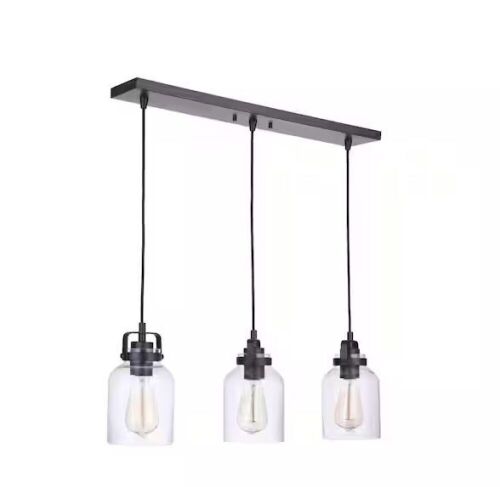 Foxwood 60-Watt 3-Light Flat Black/Dark Teak Finish Dining/Kitchen Island Pendant with Clear Glass - Lot 760