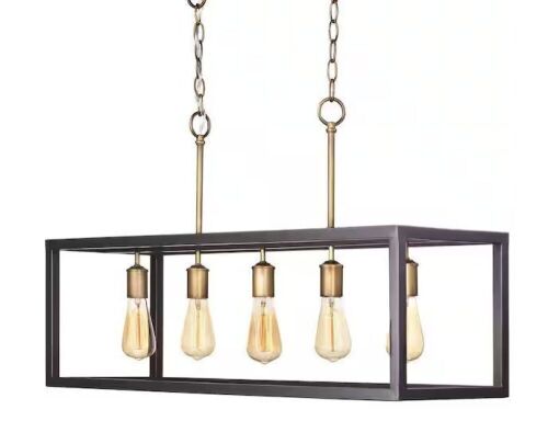 Hampton Bay Boswell Quarter 34 in. 5-Light Gold Coastal Farmhouse Linear Island Chandelier with Black Distressed Wood Accents - Lot 233