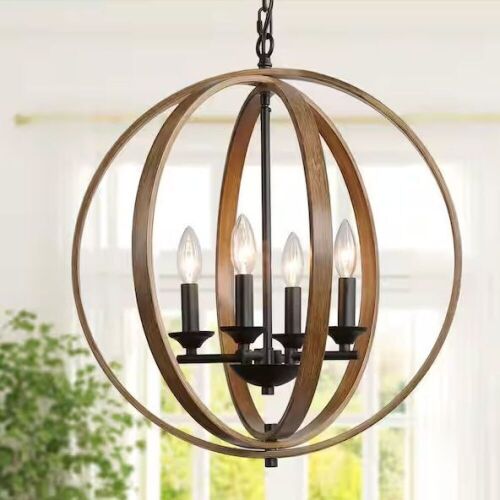 LNC Farmhouse Black Chandelier Globe Cage Candlestick 4-Light Rustic Island Pendant Chandelier with Faux Wood Accent - Lot 235