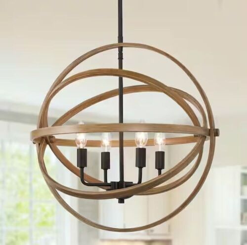 LNC Farmhouse Chandelier 4-Light Globe Cage Classic Black Candlestick Island Pendant Chandelier with Faux Wood Accent - Lot 237