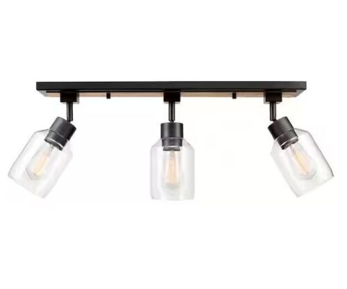 Globe Electric Griffith 25 in. 3-Light Faux Wood and Matte Black Track Lighting with Clear Glass Shades - Lot 243