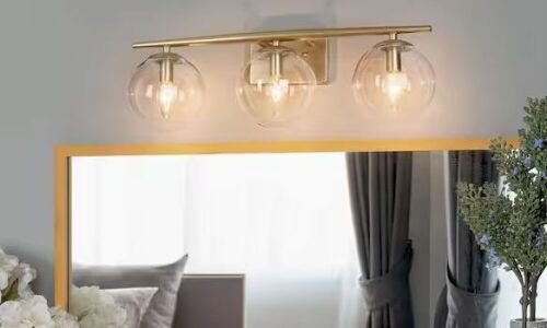 Uolfin Modern Gold Bathroom Vanity Light, 3-Light Farmhouse Brass Wall Sconce with Clear Globe Glass Shades - Lot 245