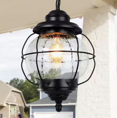 LNC Globe Industrial Black Outdoor/Indoor Pendant Light 1-Light Porch, Hallway Cage Hanging Light with Seeded Glass Shade - Lot 430