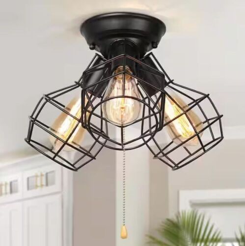 LNC Hine 3-Light Modern Industrial Black Open Cage Semi-Flush Mount Light Versatile Ceiling Light with Pull String - Lot 443