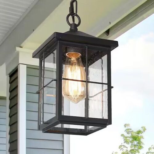 LNC Modern Farmhouse Black Outdoor Hanging Lantern 1-Light Coastal Pendant with Seeded Glass Shade, 2 Pack - Lot 537