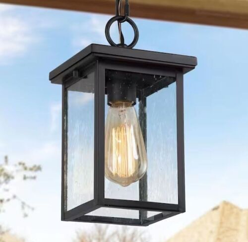 LNC Matte Black Rustic Mini Farmhouse 1-Light Square Outdoor Pendant Light with Seeded Glass Shade - Lot 543