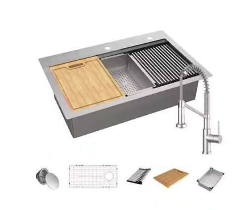Glacier Bay 33 in. Drop-In Single Bowl 18G Stainless Steel Workstation Kitchen Sink with Spring Neck Faucet - Lot 72
