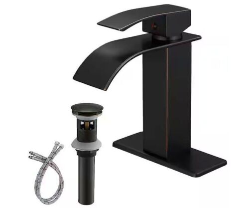 Single-Handle Waterfall Single Hole Low-Arc Bathroom Faucet with Pop-up Drain Assembly in Oil Rubbed Bronze - Lot 825