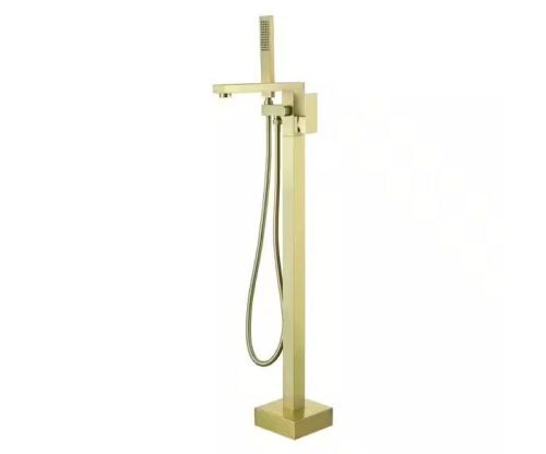 FLG Single-Handle Freestanding Tub Faucet with Hand Shower Brass Floor Mount Tub Filler in Brushed Gold - Lot 62