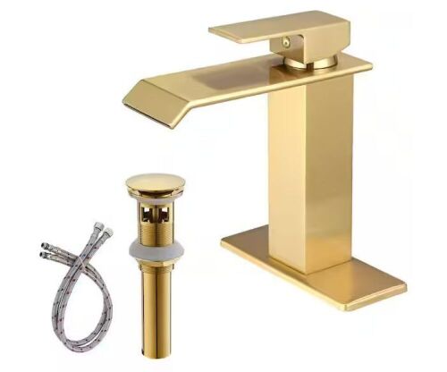 BWE Waterfall Single Hole Single-Handle Low-Arc Bathroom Faucet With Pop-up Drain Assembly in Brushed Gold - Lot 419
