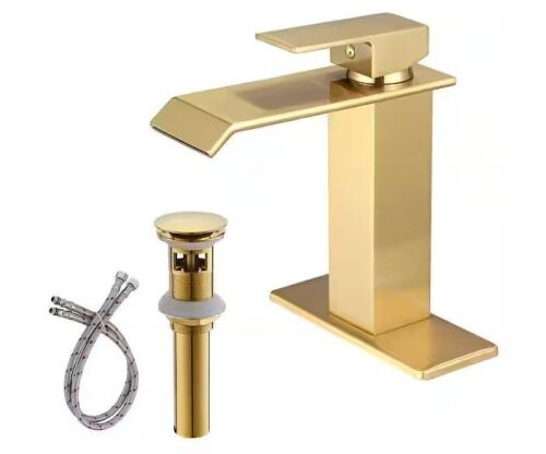 BWE Waterfall Single Hole Single-Handle Low-Arc Bathroom Faucet With Pop-up Drain Assembly in Brushed Gold - Lot 527