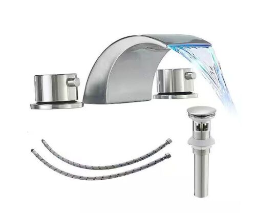 FLG 8 in. Widespread Double-Handle Bathroom Faucet with LED Light 3-Holes Sink Faucet with Drain Assembly in Brushed Nickel - Lot 417