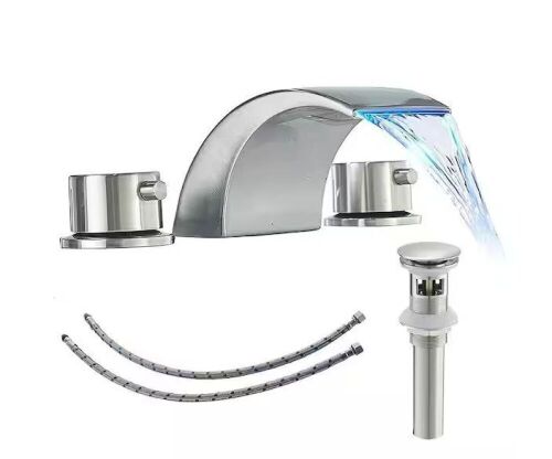FLG 8 in. Widespread Double-Handle Bathroom Faucet with LED Light 3-Holes Sink Faucet with Drain Assembly in Brushed Nickel - Lot 526