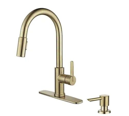 Glacier Bay Paulina Single Handle Pull Down Sprayer Kitchen Faucet with TurboSpray, FastMount and Soap Dispenser in Matte Gold - Lot 400