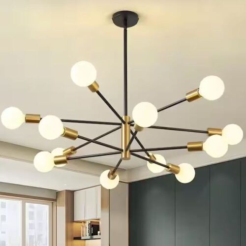 KAISITE Modern Sputnik Chandelier 12-Light Black and Gold Chandeliers Mid Century Ceiling Light Fixture Height Adjustable - Lot 505