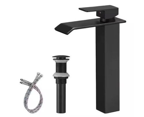 BWE Waterfall Single Hole Single Handle Bathroom Vessel Sink Faucet With Pop-up Drain Assembly in Matte Black - Lot 415
