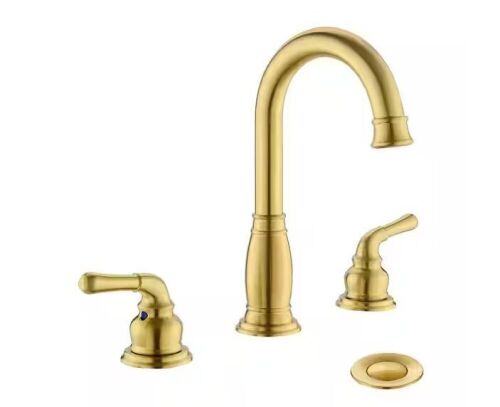 Phiestina Brushed Gold Widespread Bathroom Faucet 3-Hole 8 in. 2-Handle with Valve and Metal Pop-Up Drain Assembly - Lot 416