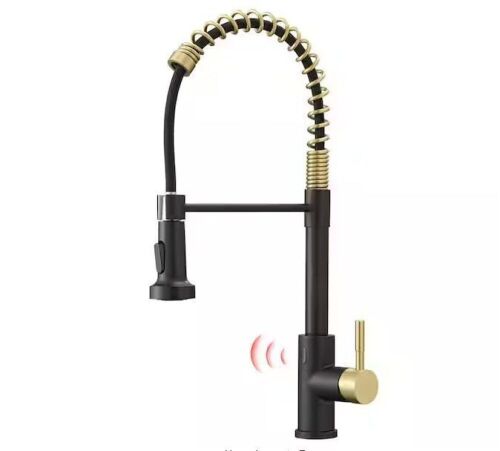 Flynama Motion Sensor Smart Hands-Free Activated Single Hole Spring Faucet for Kitchen Sink in Black and Gold - Lot 118