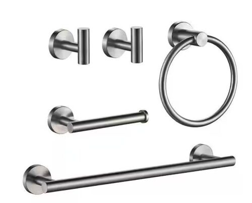 FORIOUS Bathroom Hardware Set 5-Pieces Towel Bar, Towel Ring, Robe Hook, Toilet Paper Holder Wall Mounted Brushed Nickel - Lot 119