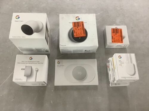 Lot of Google Nest Cam, Weatherprooof Cable, Nest Thermostat, Trim Kit, Temperature Sensor & Nest Power Connectors  - Lot 76