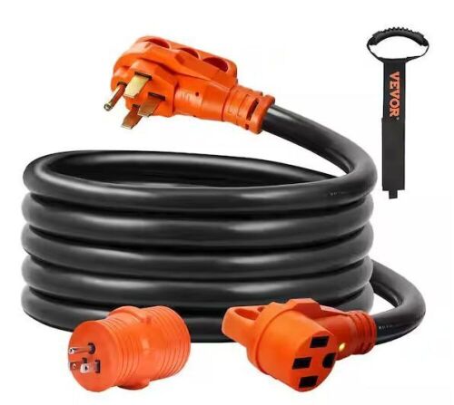 VEVOR Generator Power Cord 15 ft. 6/3+8/1 AWG 50 Amp STW RV Extension Cord NEMA 14-50 Plug with LED Indicator 15 Amp Adapter - Lot 160