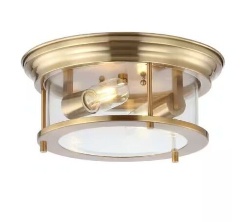 JONATHAN Y Lauren Brass Gold 13.25 in. Metal/Glass LED Flushmount - Lot 194