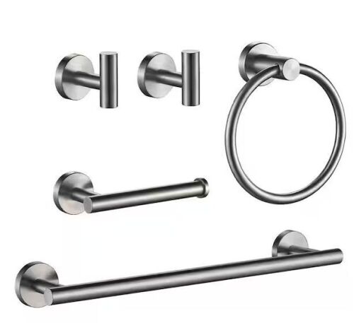 FORIOUS Bathroom Hardware Set 5-Pieces Towel Bar, Towel Ring, Robe Hook, Toilet Paper Holder Wall Mounted Brushed Nickel - Lot 266