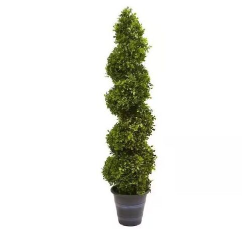Nearly Natural Indoor and Outdoor 48 in. Artificial Boxwood Spiral Topiary with Planter - Lot 274