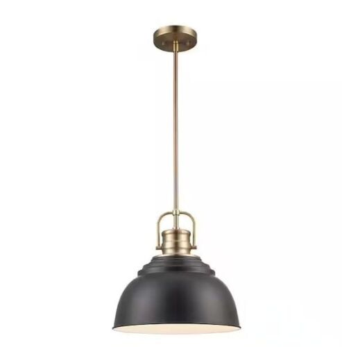 Home Decorators Collection Shelston 13 in. 1-Light Black and Brass Farmhouse Pendant Light Fixture with Metal Shade - Lot 286