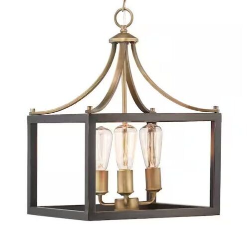 Hampton Bay Boswell Quarter 14 in. 3-Light Gold Farmhouse Square Chandelier with Black Distressed Wood Accents - Lot 292