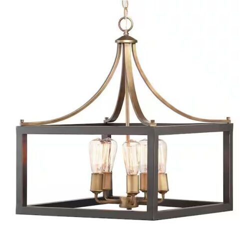 Hampton Bay Boswell Quarter 20 in. 5-Light Gold Farmhouse Square Chandelier with Painted Black Distressed Wood Accents - Lot 294