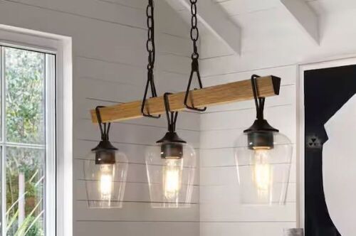 Transitional Black Dining Room Island Chandelier, 25 in. 3-Light Farmhouse Faux Wood Pendant  - Lot 295