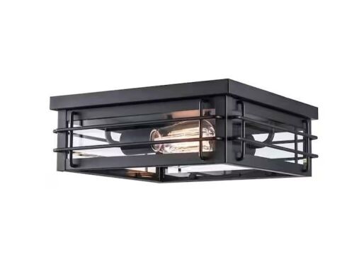 Hampton Bay Broward 13 in. 2-Light Black Outdoor Flush Mount Ceiling Light Fixture with Clear Glass - Lot 355