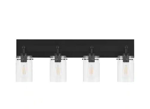 Hampton Bay Regan 29.25 in. 4-Light Matte Black Bathroom Vanity Light with Clear Glass Shades - Lot 378