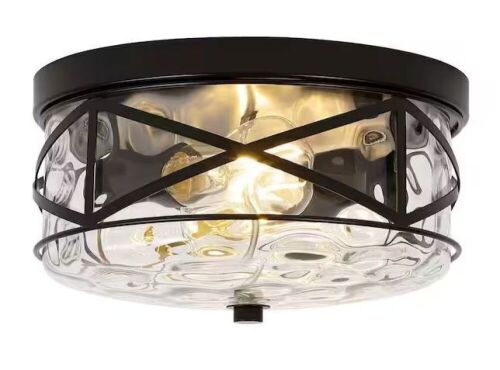 12 in. 2-Light Black Flush Mount Water Ripple Glass Ceiling Light with Metal Frame - Lot 384