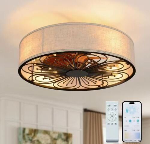 TOZING 19.6 in. Indoor Bronze Low Profile Fabric Farmhouse Caged Enclosed Flush Mount Ceiling Fan with Light Kit and Remote - Lot 387