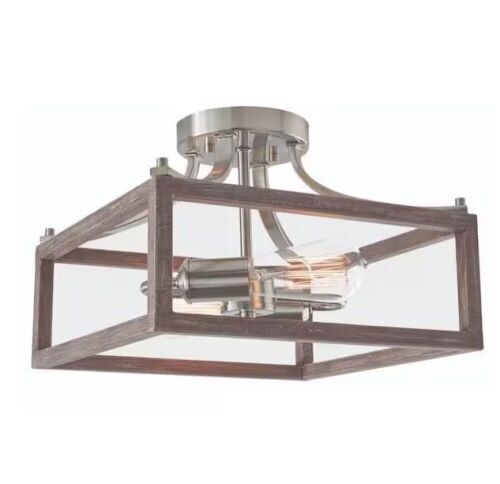 Hampton Bay Boswell Quarter 12-1/2 in. 2-Light Brushed Nickel Farmhouse Semi-Flush Mount with Painted Weathered Gray Wood Accents - Lot 418