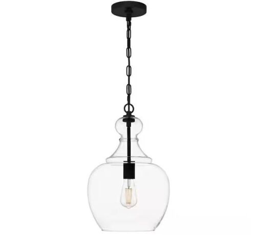 Home Decorators Collection Bakerston 1-Light Matte Black Hanging Pendant with Clear Glass Shade - Lot 428