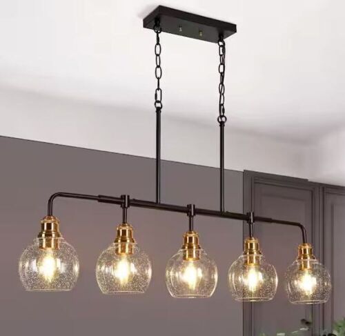Uolfin Transitional Kitchen Island Linear Chandelier 5-Light Black and Brass Chandelier with Seeded Glass Shades - Lot 462